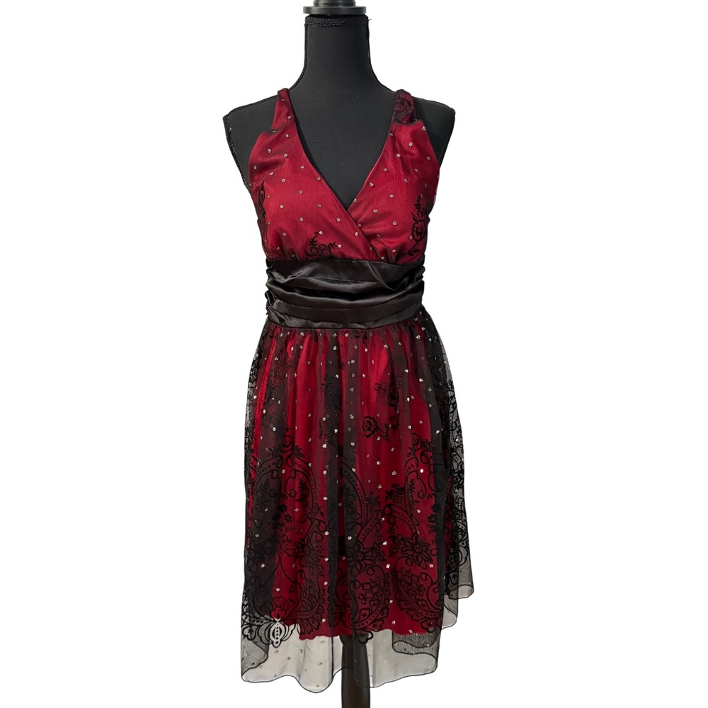 Ruby Rox Red Black Flocked Floral Glitter Halter Dress Moody Hoco M